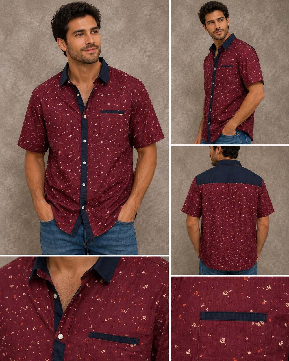 SSLR Men's Burgundy Confetti Print Short Sleeve Button-Down Shirt